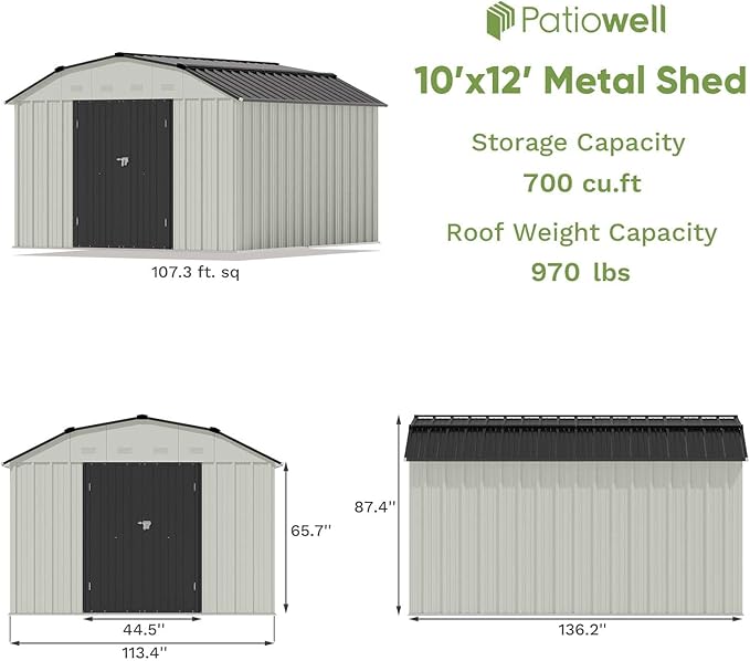Patiowell 10 X 12 FT Barn Style Metal Storage Shed for Outdoor, Steel Yard Shed with Design of Lockable Doors, Utility and Tool Storage for Garden, Backyard, Patio, Outside Use