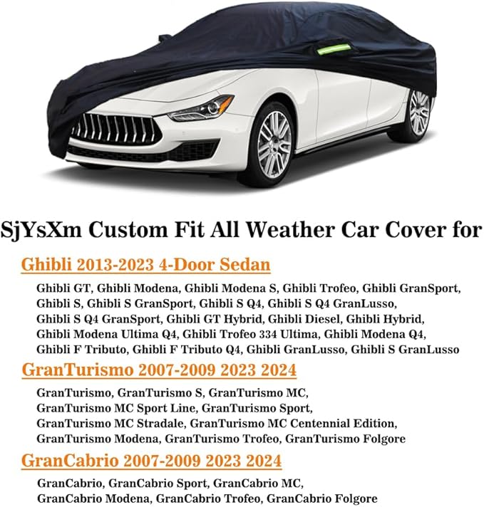 Custom Car Cover Compatible with Maserati Ghibli 2013-2025/ GranTurismo GranCabrio, Waterproof Rain Snow Sun UV Cover with Cotton Lining, All Weather Outdoor Car Cover with Windproof Straps