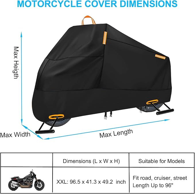 Motorcycle Cover Waterproof Outdoor, 300D Heavy Duty Motorcycle Cover for Harley Davidson Sportster 1200 883 Fat Boy 114 Street Bob, All Seasons Protection Scooter Cover Fits up to 96" - Black