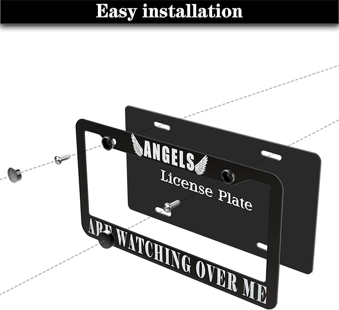 Car Plate Frames Black and White License Plate Protector Angels are Watching Over Me Universal Aluminum Car Accessory 2 Pack with Screw Covers Set