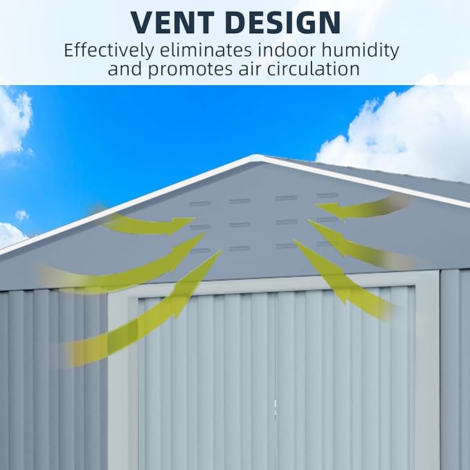 10x10FT Outdoor Metal Storage Shed, Lockable Weatherproof Garden Shed for Tools & Equipment, Durable Galvanized Steel with Sloping Roof & Ventilation, Ideal for Backyard, Patio & Garage Storage, Grey