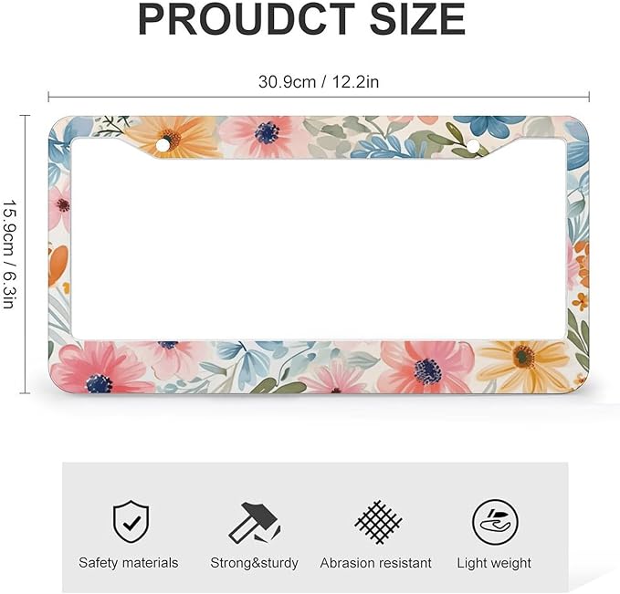 Flowers Floral License Plate Frames - 2 Pcs Set 2 Holes Metal Aluminum Auto Car Accessories Decoration License Plate Frame 12.2 x 6.3 inch for Women Men Gift
