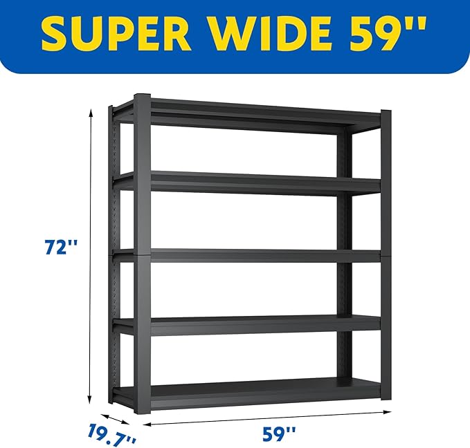 72''H Garage Shelving Heavy Duty, 2800LBS Storage Shelves, 5-Tier Adjustable Metal Shelve Storage Shelf Rack, Industrial Shelving Unit for Garage, Warehouse, Basement (59" W x 19.7" D x 72" H)