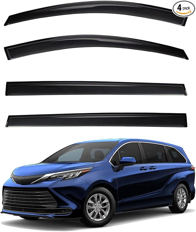 4pcs Front+Rear Smoke Tint Sun/Rain Guard Outside Mount Tape-On Vent Window Visors Compatible with 2021-2024 Toyota Sienna