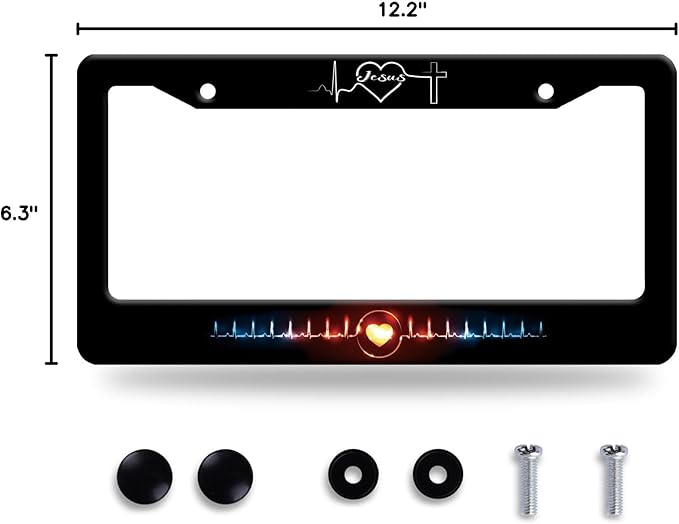 Jesus Heart Rate line License Plate Frame Christian Religious License Plate Frames Stainless Steel Accessories Cars Decor with 2 Holes and Screws Fits Standard US CA Vehicles Size 12.2 x 6 Inches