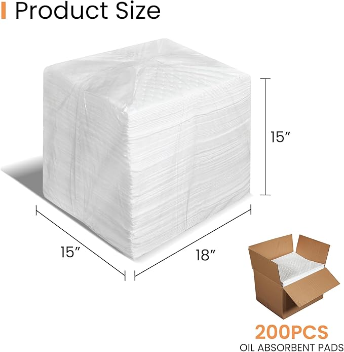 Smaafit 15"x18" Oil Absorbent Pads 200 Pack - Heavyweight Polypropylene Mats for Garage Floor & Marine, 24oz/Pad, 30 Gal Total, Tear-Resistant, Floatable