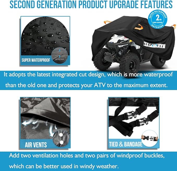 ATV Cover, Waterproof for Polaris Sportsman Yamaha Grizzly Honda FourTrax Kawasaki KFX Wheel Car with Air Vents Reflective Strips and Buckle Straps Length up to 83 inches