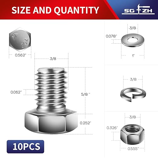 3/8-16 x 5/8" Hex Head Screw Bolt, Nuts, Flat & Lock Washers, 10Pcs 18-8 (304) Stainless Steel, Fully Threaded, by SG TZH