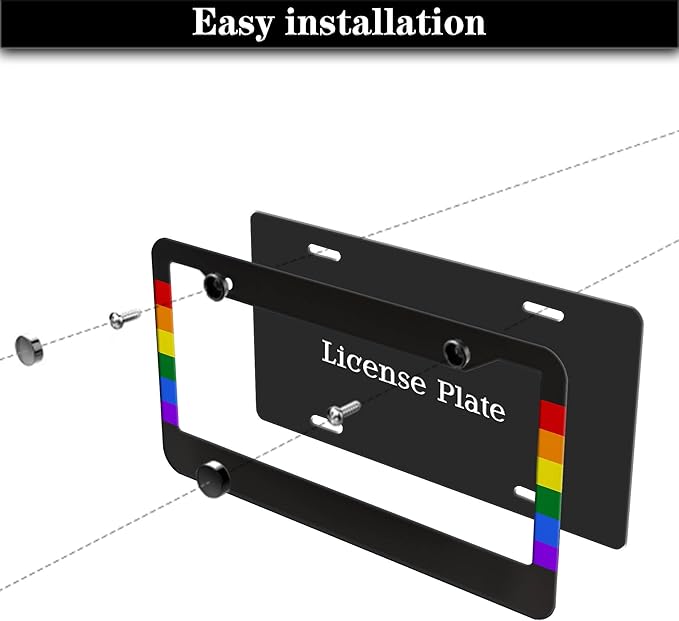License Plate Frames Rainbow Automotive Exterior Accessories Gay Rainbow Strip Universal Aluminum Car Accessory 2 Pack with Screw Covers Set