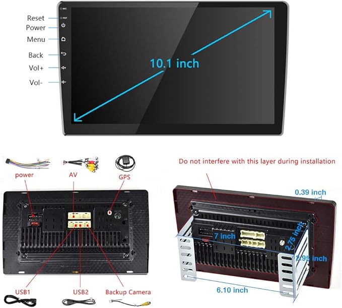 Double Din Car Stereo Radio Receiver, 10.1” 2.5D Curved HD Touch Screen Head Unit Multimedia Player, Support Rear View Camera&Android iOS Mirror Link Dual USB Input+License Plate Camera