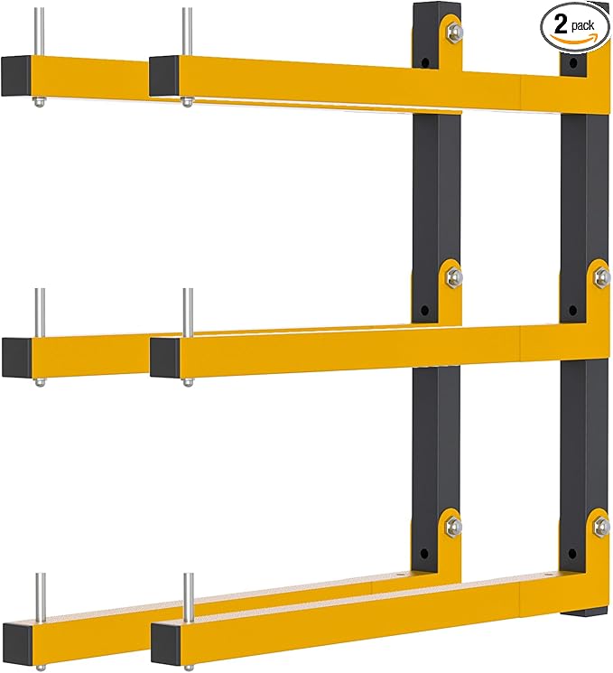 2 PACK Lumber Storage Rack Wall Mount Wood Organizer Storage Racks Heavy Duty Shelf Brackets with 3-Level System 360 LB Sturdy Folding Garage Wall Shelving, Snowboard Rack for Indoor and Outdoor