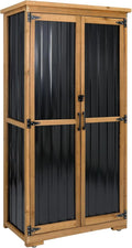 Outdoor Storage Cabinet Wood & Metal with Waterproof Roof, Garden Tool Shed with 3 Removable Shelves, 4 adjustable reinforced feet with metal brackets, 6 T-Hinge, magnetic door,15.6"D x 32.3"W x 66"H