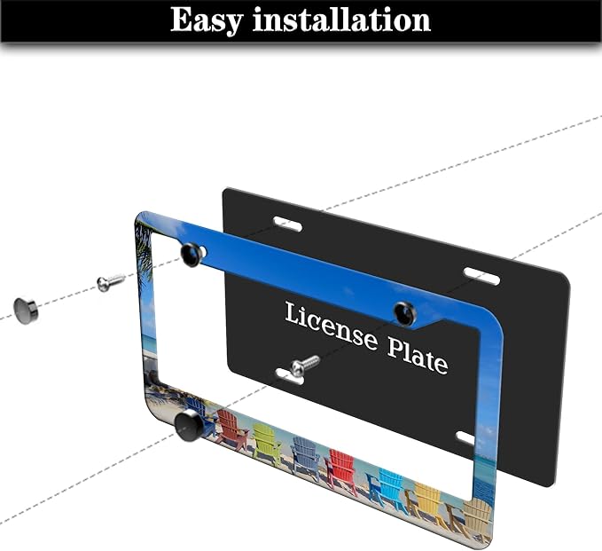 License Plate Frames License Plate Frame Beach Loungers Colorful Chairs in Tropical Summer Palm Tree Aluminum Metal Car Accessory 2 Pack with Screw Covers Set