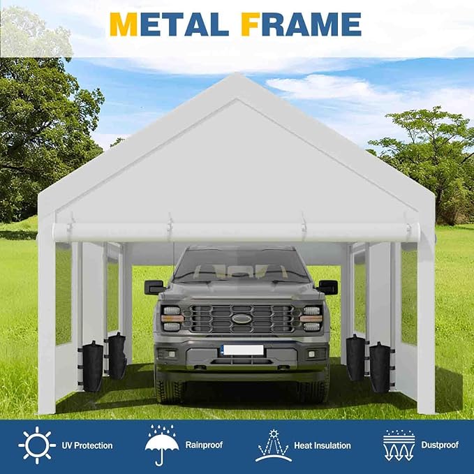 JAMFLY 12x20 ft Heavy Duty Carport with Roll-up Windows & Removable Sidewalls & Doors – Portable Garage Canopy with All-Season Tarp, Sandbags for Car, Truck, Boat, Motorcycle, White
