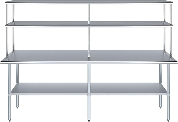 Amgood Stainless Steel Work Table Double Tier Overshelf | Metal Kitchen Prep Table & Shelving Combo (18" x 96" Work Table + 12" Overshelf)