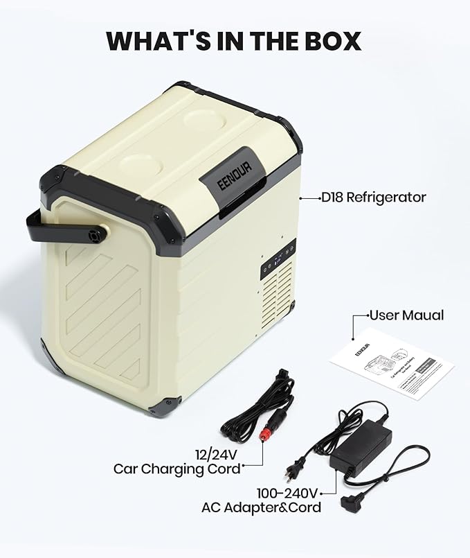 EENOUR D18 12 Volt Car Refrigerator, Portable Freezer 19Qt/18L Battery & Solar Powered Cooler 25W, -4~50℉, 12/24V DC, 110~240V AC, Electric Cooler Ideal for Road Trips, Camping (Battery Not Included)