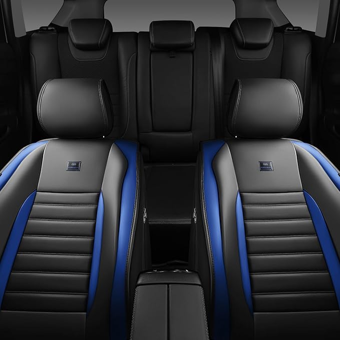 CAR PASS Nappa Leather Car Seat Covers Front Seats, Luxury Seat Protector for Cars, Waterproof Anti-Slip Seat Cushion Armrest Compatible Airbag Universal for Sedan SUV Pick-up Truck Auto, Black Blue