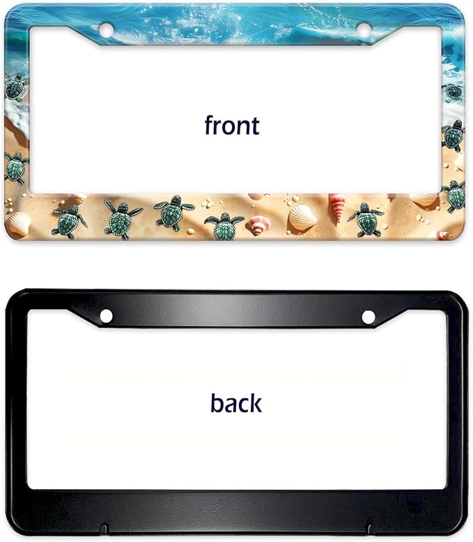 Cute Beach Turtles License Plate Frame, Sea Turtles Sea Shell Starfish Front License Plate Holder Cover, Metal Aluminum Rustproof Car Accessories for Women Men 2 Holes with Screw Caps