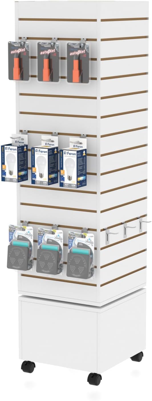 WISDOMFUR Rotating Slatwall Display Rack – 16"x16"x60" White Spinning Tower with Wheels – Retail Display Fixture for Accessories, Hooks & Shelves