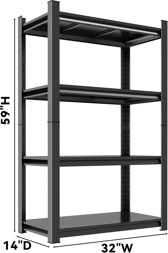 59" H Garage Shelving 2400LBS Capacity Heavy Duty Storage Shelves, Adjustable 4 Tier Metal Industrial Shelf for Kitchen, Utility Room, Warehouse and Basement,14" Dx32 Wx59 H, Black