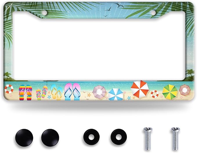 Beach Flip Flops License Plate Frame Funny Seaside License Plate Frames Stainless Steel Accessories Cars Decor with 2 Holes and Screws Fits Standard Us Ca Vehicles License Plate Holder 12.2 X 6 Inch