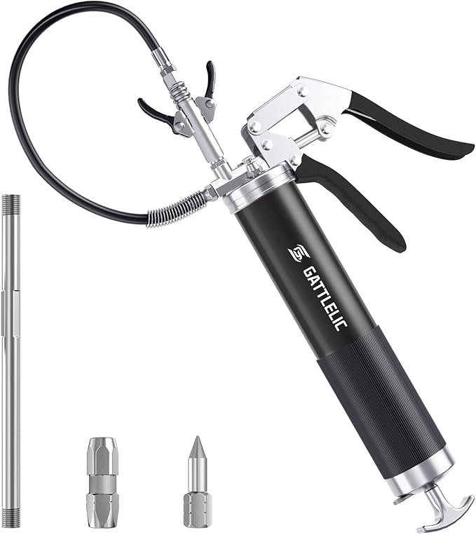 Grease Gun Kit, 8000 PSI Heavy Duty Grease Gun with Grease Coupler, 14oz Pistol Grip Grease Gun with 12 Inch Spring Flex Hose, Sharp Nozzle, Extension Rigid Pipe, Black