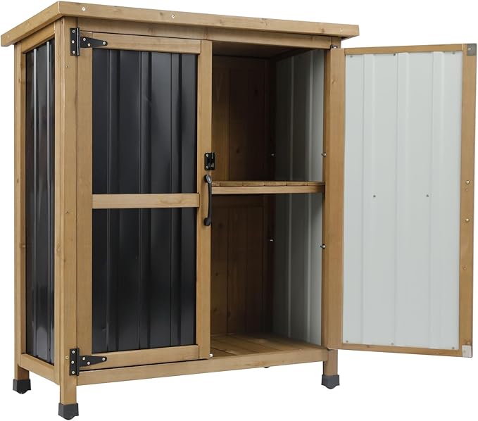 Outdoor Storage Cabinet, Small Wood & Metal Storage Shed with Lockable Doors & Adjustable Shelves, Vertical Outdoor Cabinets Weatherproof for Patio Backyard,Garden Tool Shed and Accessories, Brown