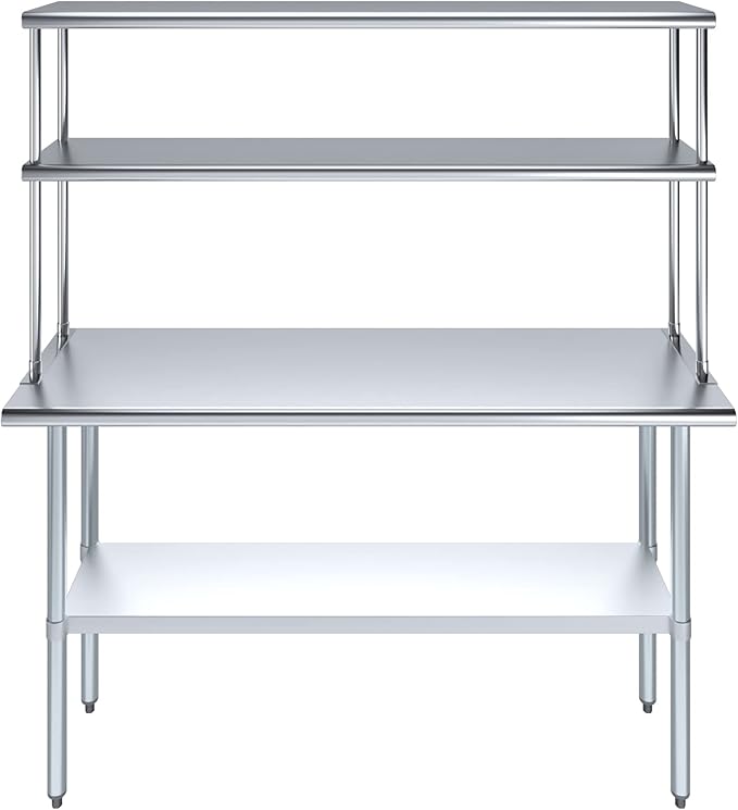 Amgood Stainless Steel Work Table Double Tier Overshelf | Metal Kitchen Prep Table & Shelving Combo (18" x 60" Work Table + 12" Overshelf)