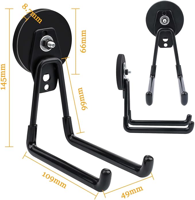 2 Pack Magnetic Hooks, Large Manget with Hooks, 2.59" (66 mm) Magnetic Hooks Heavy Duty for Hose, Jig Saw, Circular Saw,Workshop Organization, Tool Hooks for Hammer Drill, Garden Tool, Black