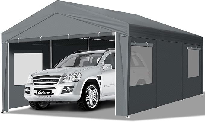 VINGLI 12x20 Carport Canopy Portable Garage with Roll-up Windows & Removable Sidewalls, Car Canopy Heavy Duty Car Tent for SUV, Boats, RVs, Trucks (with Sidewalls)