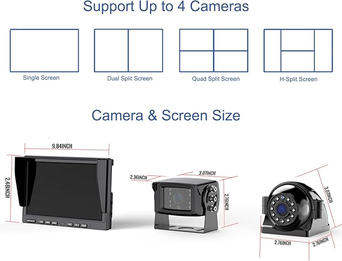 10'' 1080P Wireless Backup Camera System, 10 Inch DVR Quad Split Monitor Wireless Rear Side View Cameras, IP69 Waterproof Digital Signal Record System for RV/Truck/Trailer/Camper-BW104SL