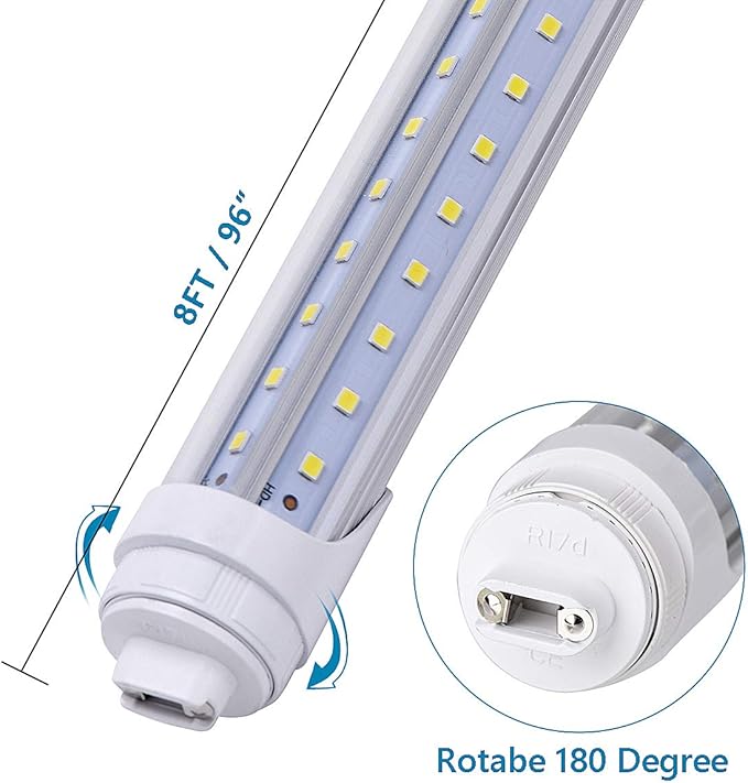 12 Pack, R17D/HO 8FT LED Bulbs - Rotate V Shape, 6000K Cold White 100W, 15000LM, 200W Equivalent F96T12/DW/HO, Clear Cover, T8/T10/T12 Replacement, Dual-End Powered, Ballast Bypass