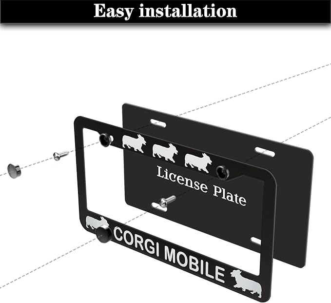 License Plate Frames for Women Black and White License Plate Frame for Men Corgi Mobile Aluminum Metal Car Accessory 2 Pack with Screw Covers Set