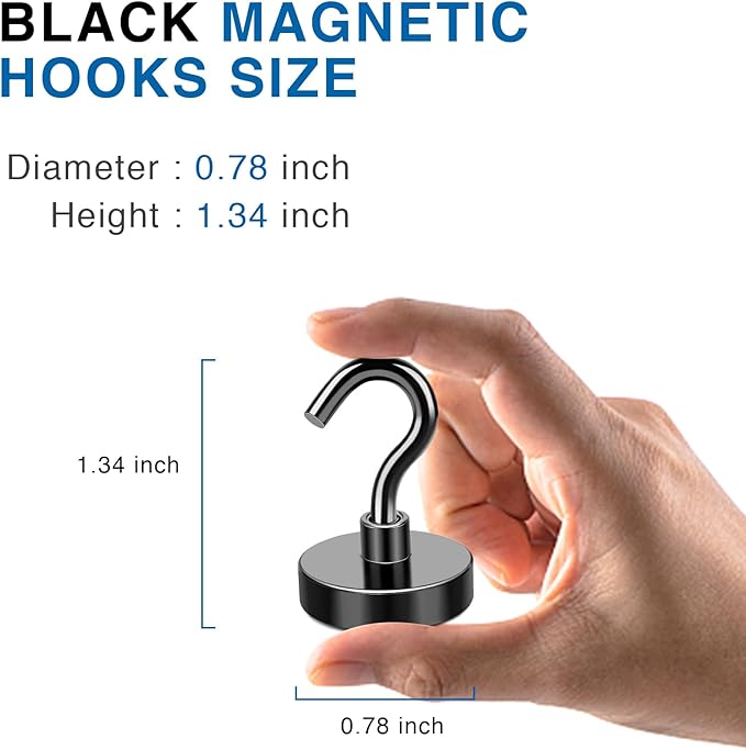 LOVIMAG Magnetic Hooks, 40LBS Black Magnet Hooks Strong Neodymium Magnets with Epoxy Coating, Metal Magnetic Hooks for Refrigerator，Locker Accessories, Cruise, Kitchen, Office, Classroom-6 Pack