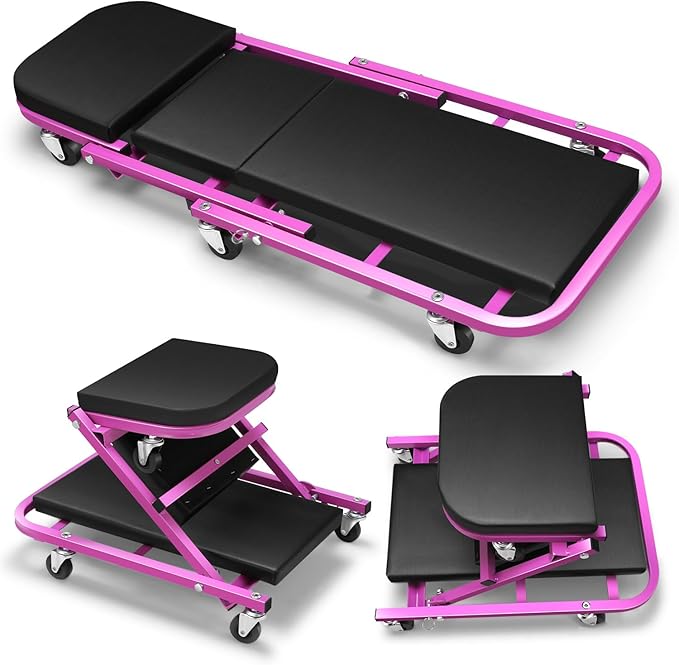 DNA MOTORING 40 Inches Folding 2 in 1 Rolling Z Creeper, Adjustable Roller Garage Chair Lay Down or Sit, 6 Pcs 2" Casters, 150kg Weight Capacity, Purple, TOOLS-00187-PR