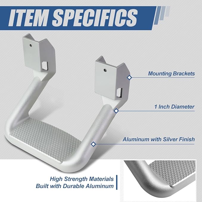 Auto Dynasty 1 Inches Universal Side Step with Mounting Brackets for Pickups & Trucks, Aluminum, Silver Powder Coated, Set of 2