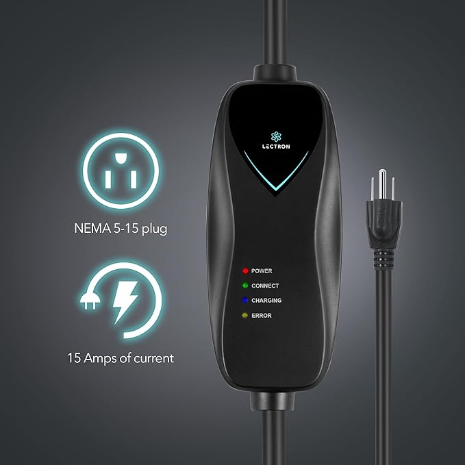 Lectron Level 1 EV Charger - ETL Certified, 110V, 15 Amp, 16 ft Extension Cord & J1772 Cable - Portable Electric Car Charger for J1772 EVs with NEMA 5-15 Plug