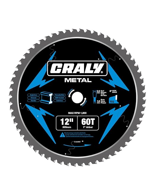CRALY 12 Inch 60 Teeth Steel and Ferrous Metal Cutting Circular Saw Blade, 1 Inch Arbor, Thin Kerf, Professional Carbide Tipped Blade for Angle Iron, Threaded Rod, EMT Conduit(C1260MC)