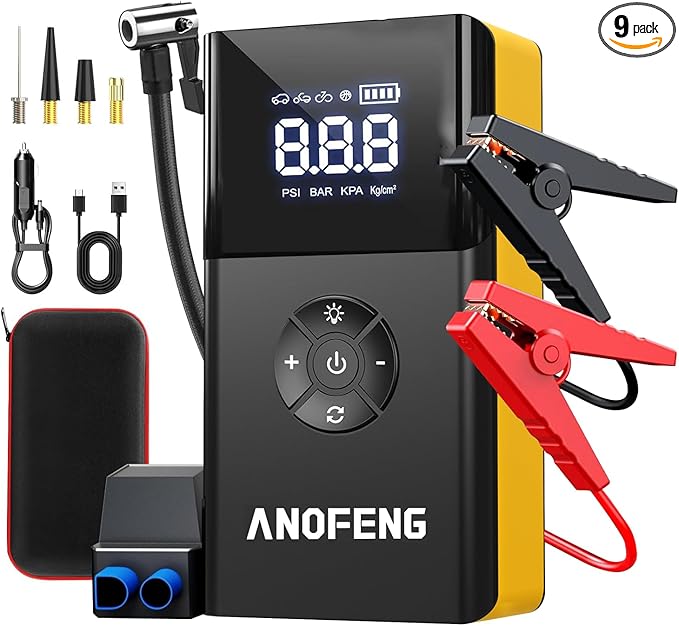 Portable Car Jump Starter with Air Compressor,4000A 150PSI 12V Car Battery Jump Starter,Jump Box Battery(10L Gas/8L Diesel),with Jumper Cables,3 Modes Flashlight,23000mah Power Pack,LCD Display