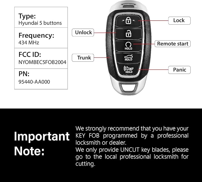 Replacement for 2020 2021 2022 2023 Hyundai Elantra Key Fob Remote Control NYOMBEC5FOB2004 5 Buttons 6A 434MHz
