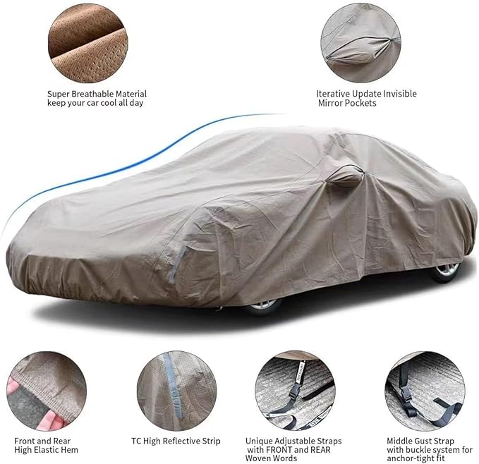 Tecoom Car Cover Waterproof All Weather, Non-Woven Breathable Outdoor Full Covers for Automobiles with Zipper Pockets Sun Uv Wind Hail Protection Universal Fit Mercedes Chevrolet, 183-192 Inch