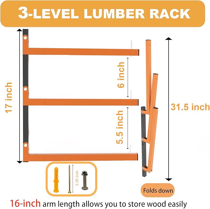 Lumber Rack Wall Mount, Heavy Duty Wood Storage Racks, 3-Level System Garage Shelving, 380 Lbs Capacity Organizer Shelves, Folding Orange Brackets, 2 Pack Hanging Metal Shelf for Indoor and Outdoor