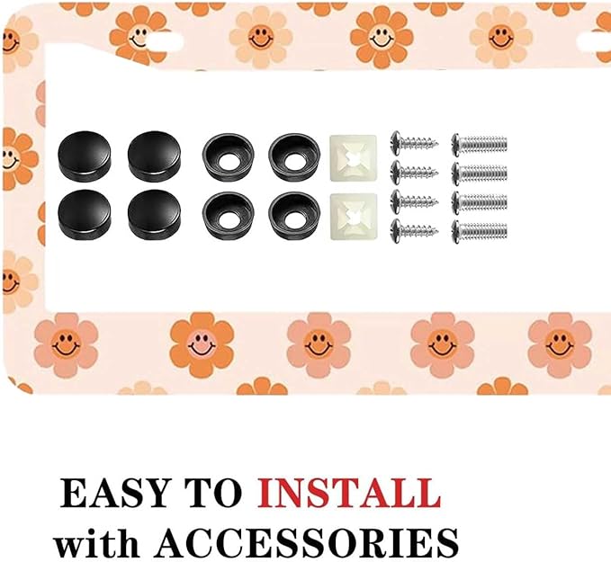 2 Pack Universal Smiley Face Flower License Plate Frame-Rustproof Aluminum Floral License Plate Frames for Women Men Fits All Vehicles, with Anti-Theft Screw Caps Included