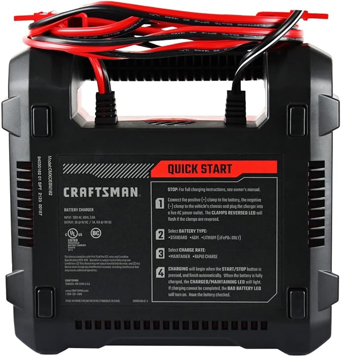 CRAFTSMAN Battery Charger and Maintainer, CMXCESM162, 4-in-1, Fully Automatic, Battery Tester, 15 Amps, 6 Volt, 12 Volt, for Car, SUV, Truck and Marine Batteries