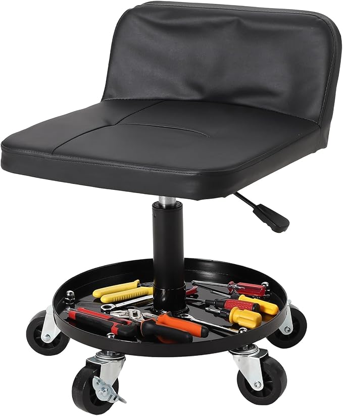 Garage Stool, 16”-21” Adjustable Rolling Mechanic Stool with Universal Wheels, Removable Magnetic Tool Tray, 300LBS Capacity, Roller Creeper Seat, Shop Chair