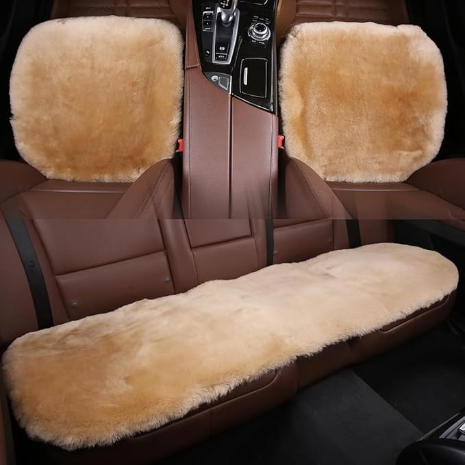 Fluffy Genuine Australia Sheepskin Car Seat Cover for Auto Interior Accessories with Soft Fuzzy Wool Eco-Friendly Natural Fur Non-Slip (Honey Beige, Back)