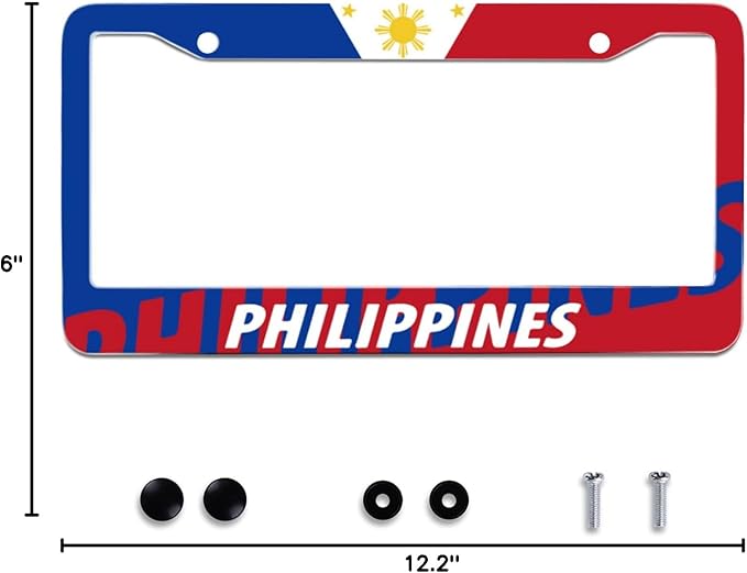 Philippine Flag License Plate Frames Round Hole Personalise License Plate Frame Car Universal Accessories Stainless Steel Cars Decor 2 Holes and Screws Fits Standard US Vehicles Size12.2 x 6 Inches