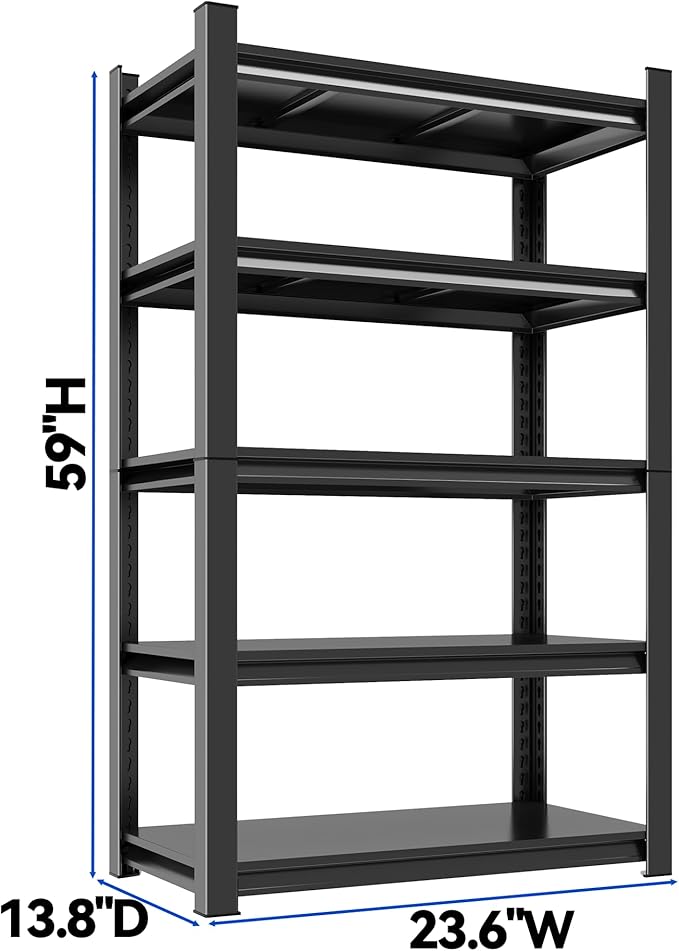 59"H Garage Shelving Heavy Duty Rack, 3000 LBS Extra Large Capacity 5 Tier Adjustable Storage Shelves, Metal Industrial Shelf Units for Garage, Basement and Warehouse, 59"H×23.6"W×13.8"D, Black