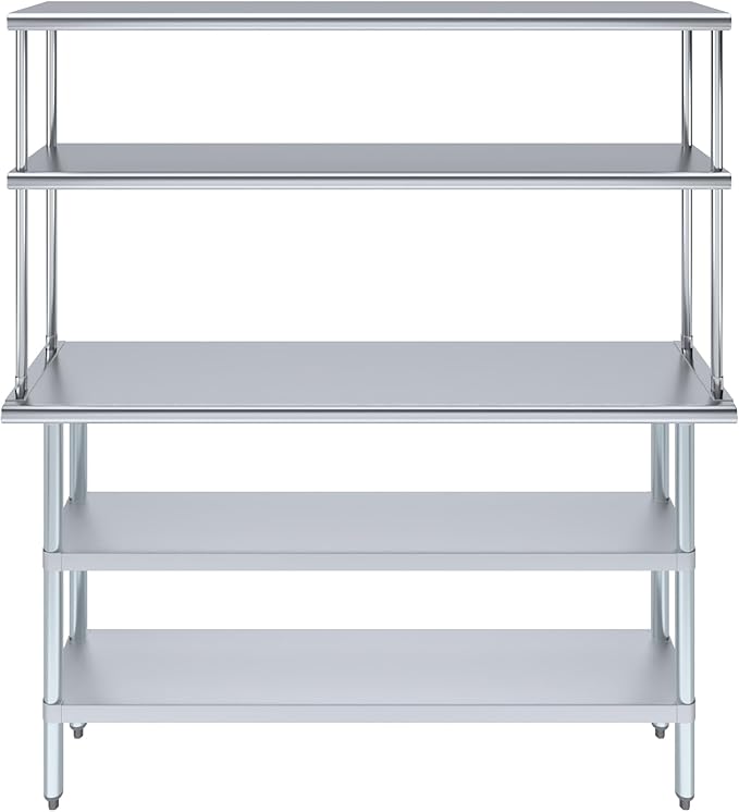 Amgood Stainless Steel Work Table with 2 Shelves | Metal Kitchen Prep Table & Shelving Combo (14" x 60" Table with 2 Shelves + 12" Overshelf)