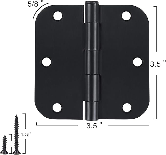 Matte Black Door Hinges 3.5 Inch Rounded 12 Pack Interior 3 1/2" Flat Iron Hinge 5/8" Radius 3 ½"Doors Hardware for Wood Frame and Clear Glass Indoor Bed Room,DIY Assemblely Gate,Closet,Table,Farm